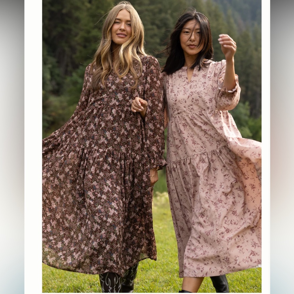 Brass & Roe Called to Surf Roxi Elegant Floral Maxi Dress Tiered Pockets L - Picture 3 of 9